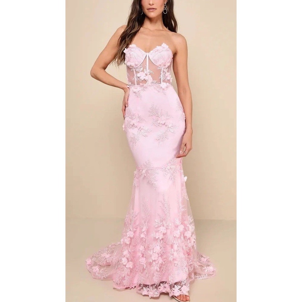 NWT Lulus Radiant Expectations Pink Floral Bustier Corset Maxi Dress Gown Sz L